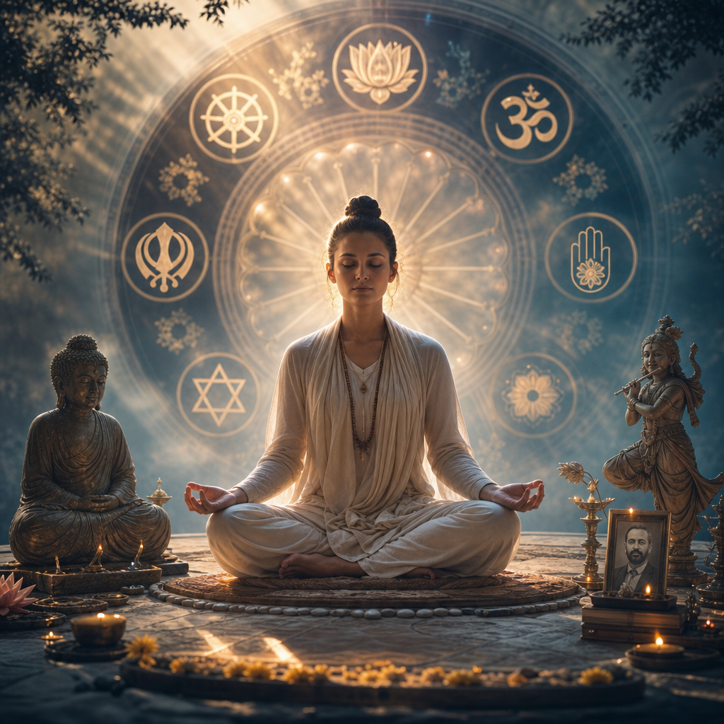 Uma cena espiritual serena mostrando uma pessoa meditando cercada por símbolos sutis de diferentes tradições religiosas, representando o carma como ação.