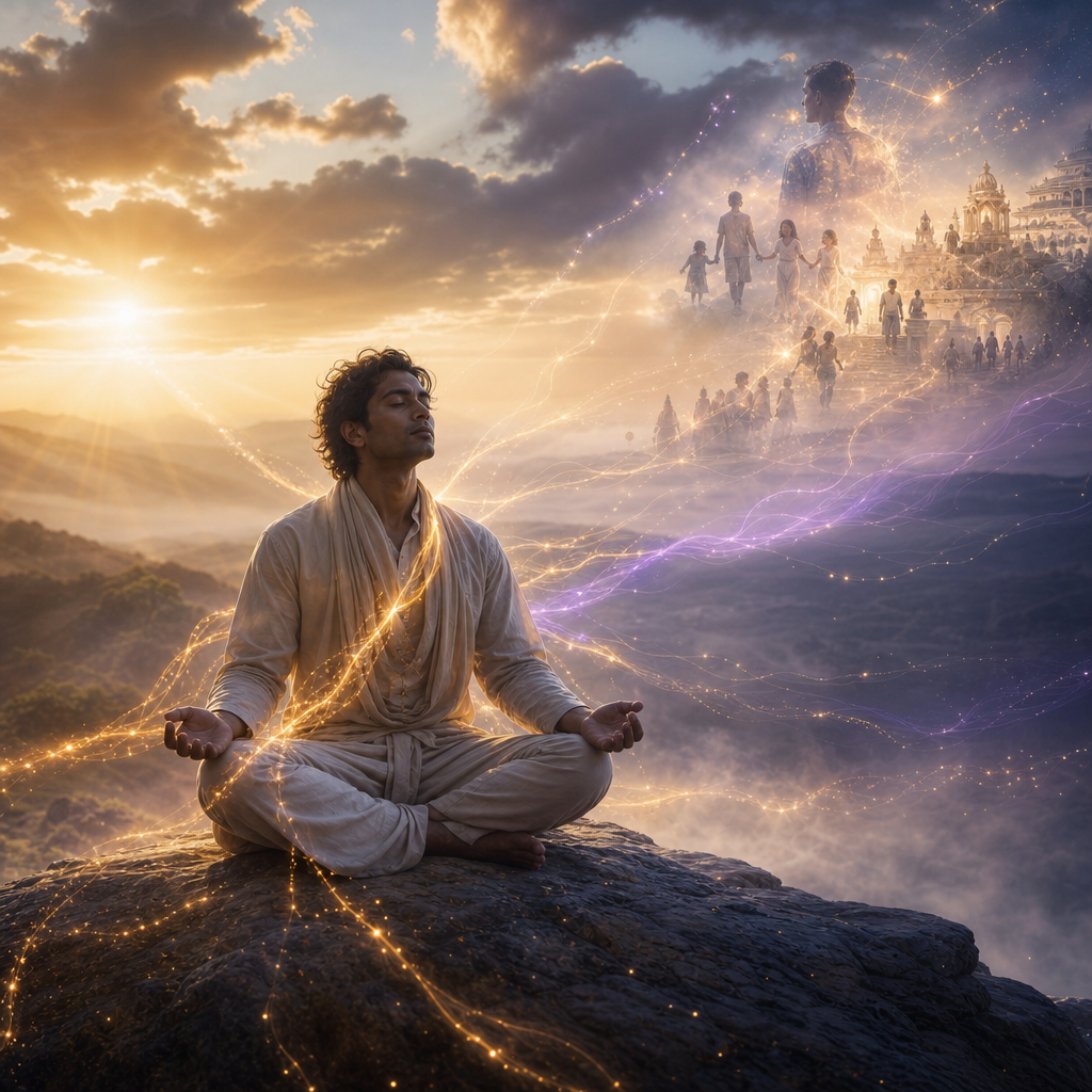Uma pessoa meditativa em um ambiente luminoso, com fios sutis de energia dourada e violeta representando as ações e seus efeitos invisíveis ligados ao carma.