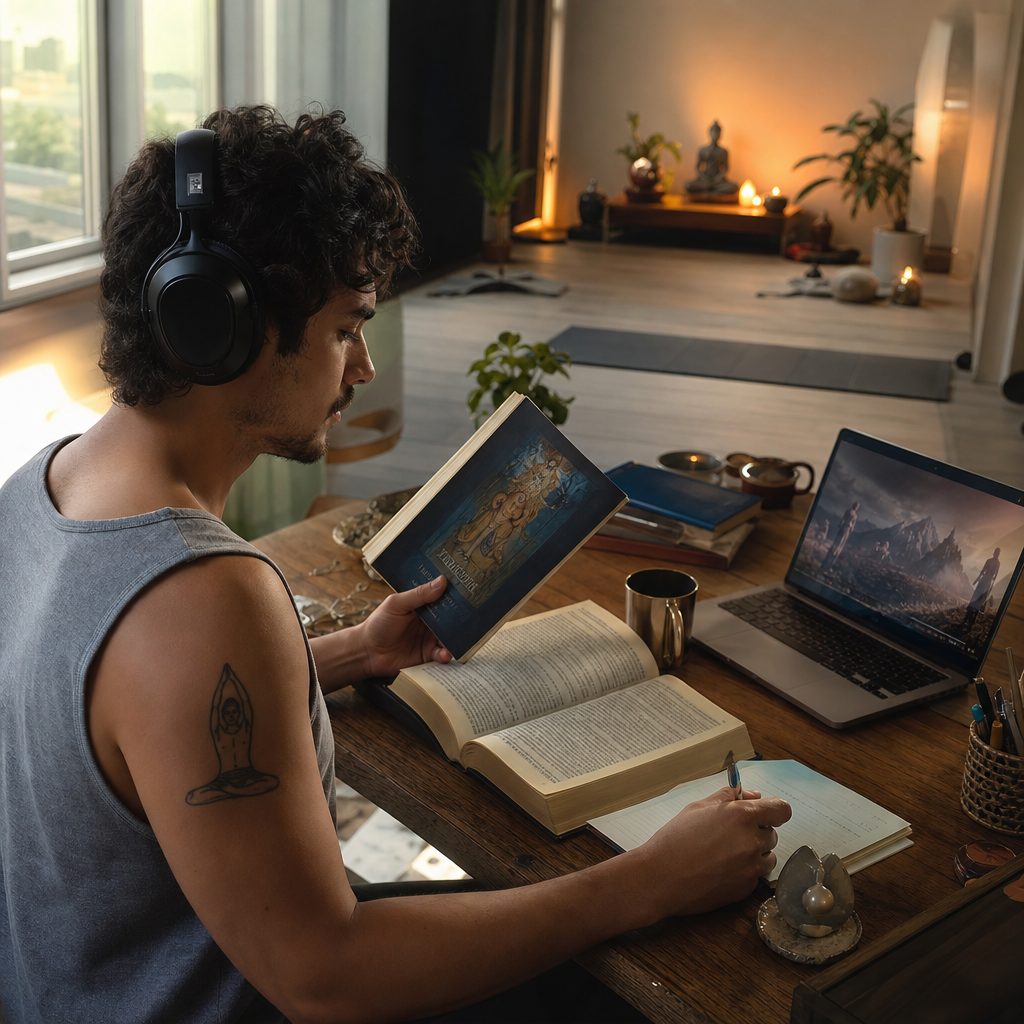 Uma pessoa fazendo várias गतिविधություններ ao mesmo tempo: estudando, praticando acro yoga, exercícios energéticos e ouvindo música, em um ambiente realista e sereno.