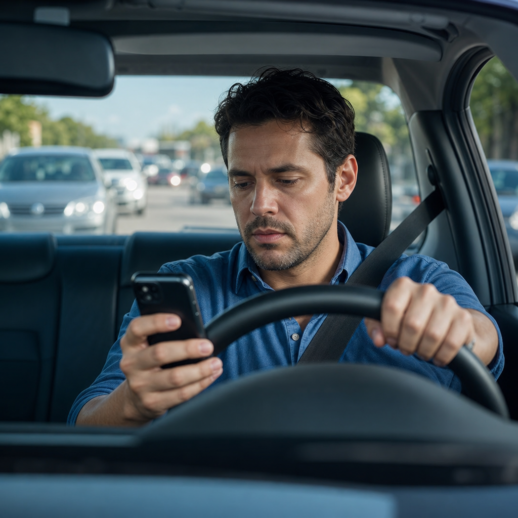 Um motorista em um carro moderno olhando para o celular enquanto dirige, representando o risco da distração ao volante.