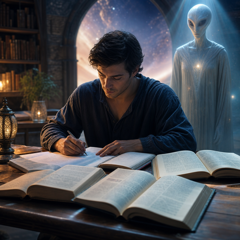 Uma pessoa estudando diante de vários livros abertos ao mesmo tempo, com uma presença extraterrestre luminosa ao fundo simbolizando orientação serena.