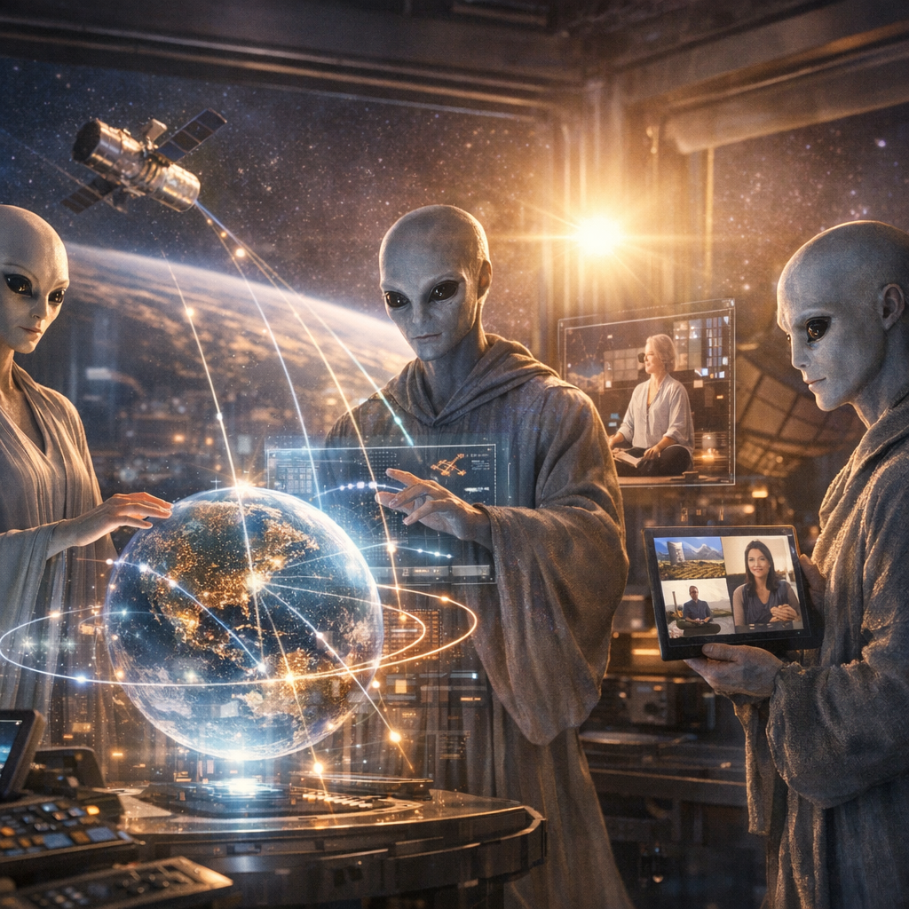 Seres benevolentes usando várias tecnologias modernas para transmitir mensagens e ensinamentos à Terra em simultâneo.
