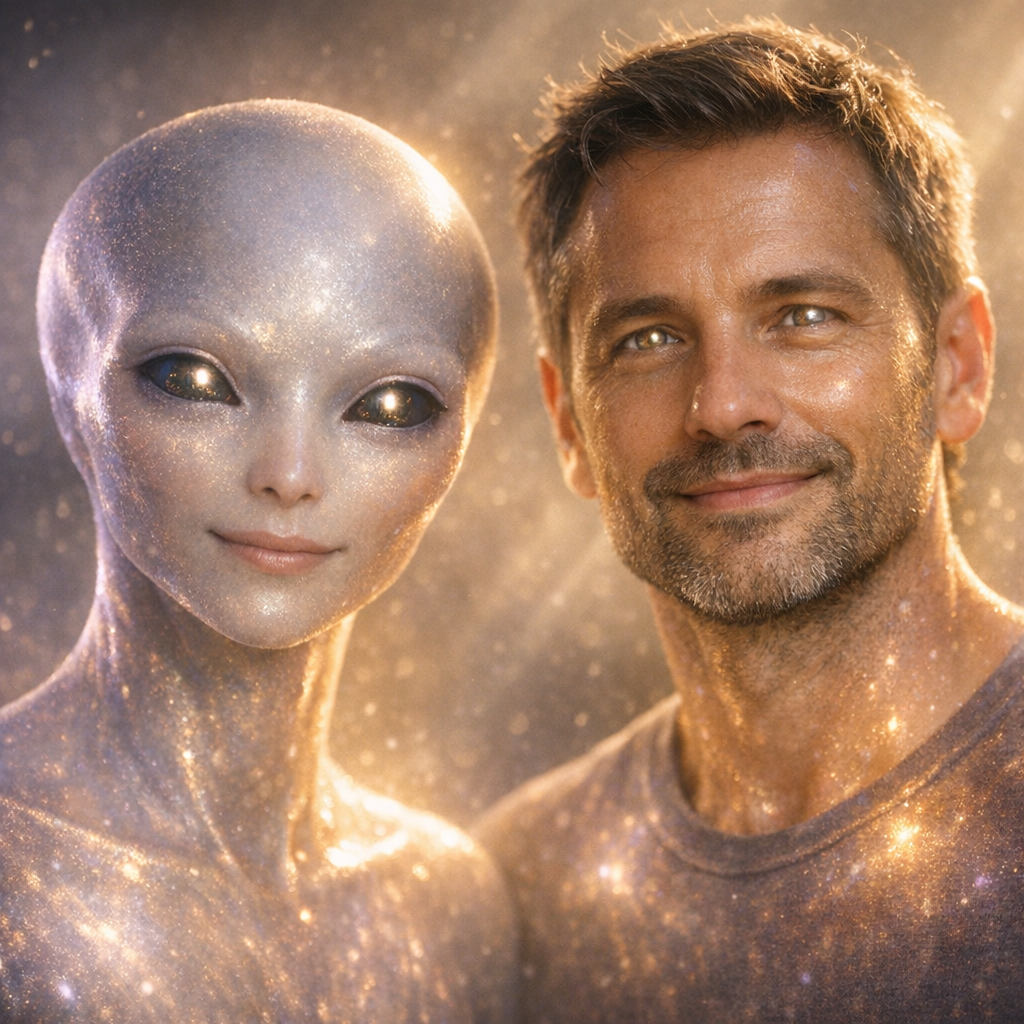 Um ser extraterrestre pacífico e um humano lado a lado, ambos irradiando a mesma luz, mostrando que são iguais.