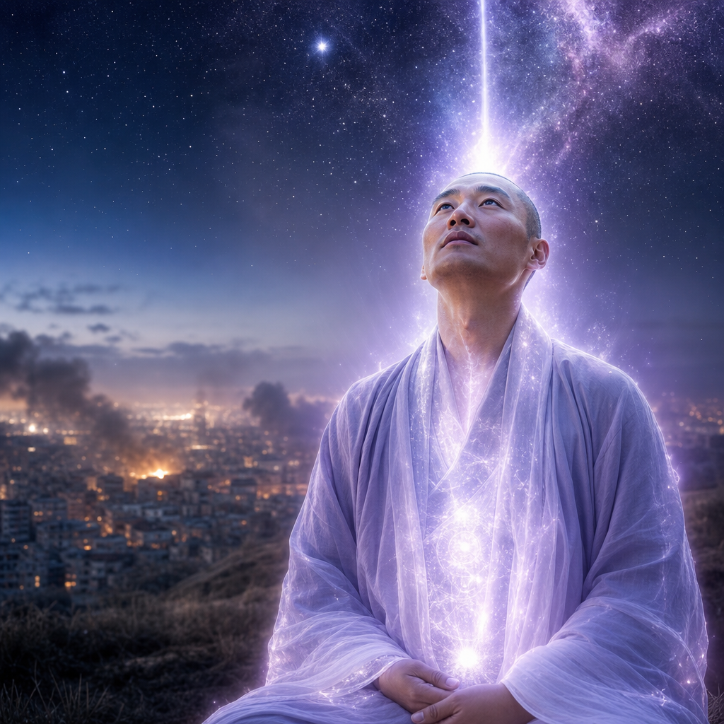 Uma pessoa humana em silêncio, com aura cósmica brilhando por dentro e conexão luminosa com o céu estrelado, em contraste com um fundo distante e desfocado de conflito.