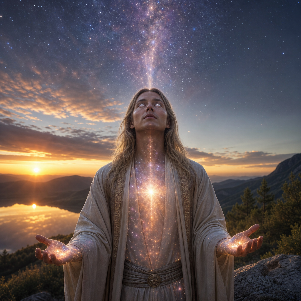 Uma pessoa em pé na natureza ao amanhecer, com aura cósmica visível, luz estelar no peito, olhos refletindo galáxias e uma conexão luminosa subindo para o céu estrelado.