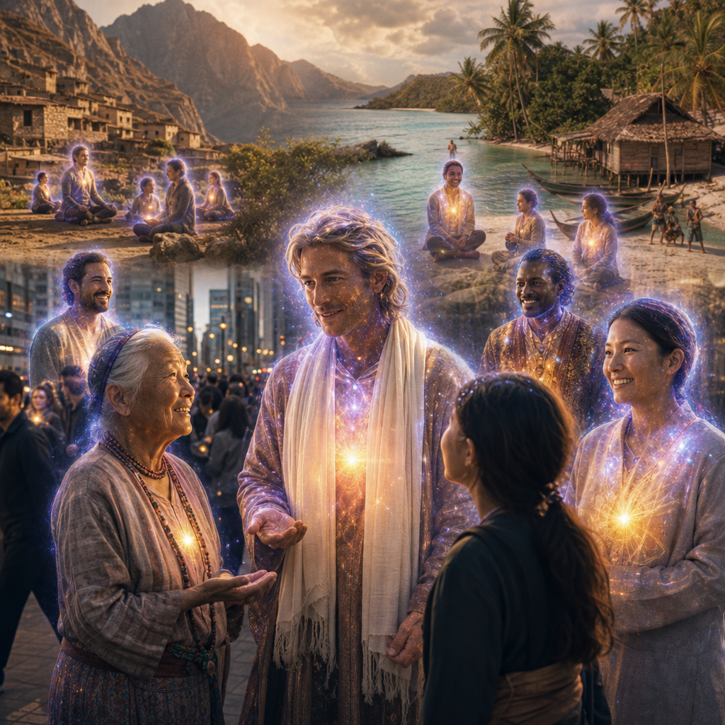 Pessoas em diferentes culturas e lugares da Terra com aura cósmica visível, representando missionários de Shan vivendo entre humanos e irradiando uma essência estelar serena.