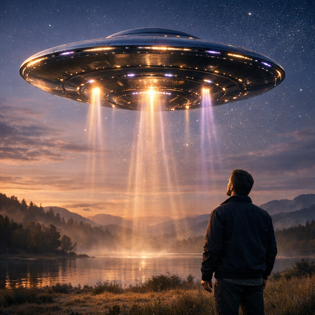 Uma nave extraterrestre em forma de disco pairando sobre a paisagem, emitindo feixes de luz suaves em um clima sereno e acolhedor.