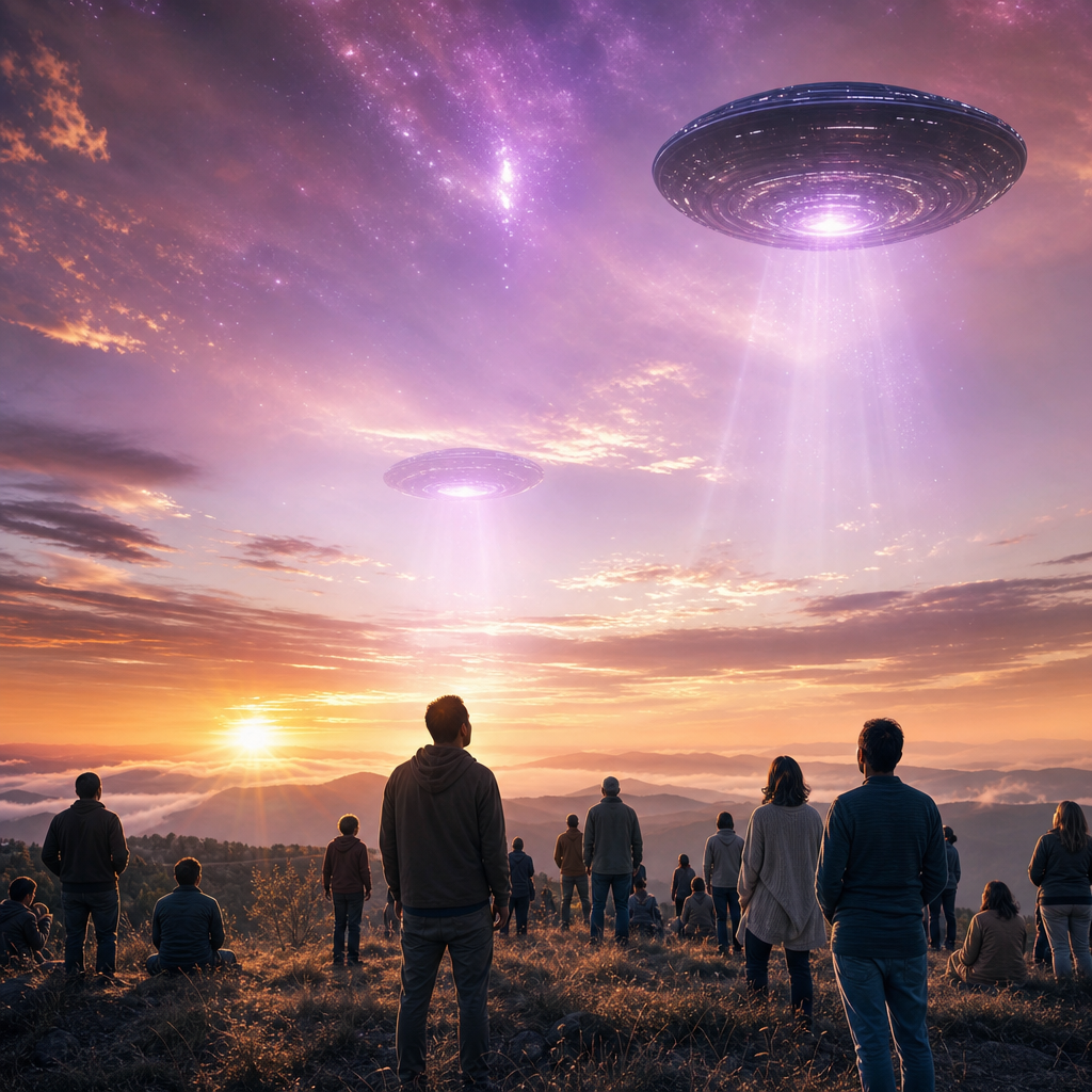 Pessoas observando o céu ao amanhecer, com luzes cósmicas e naves extraterrestres benevolentes ao fundo, em clima de despertar espiritual.
