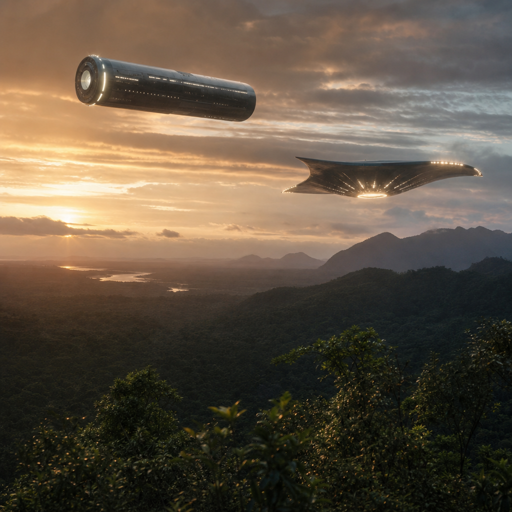 Uma paisagem de Peruíbe com duas naves extraterrestres luminosas, uma cilíndrica e outra em forma de arraia, pairando suavemente sobre a mata.