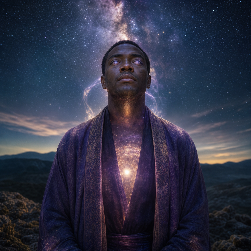 Uma pessoa em postura serena com aura cósmica visível, olhos refletindo estrelas e uma conexão luminosa com o céu noturno.