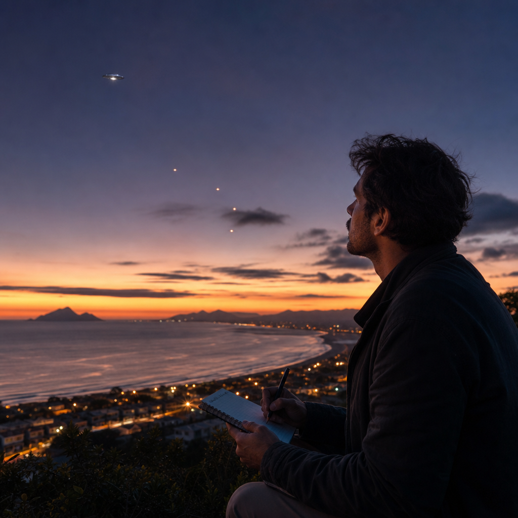 Uma pessoa observa com atenção o céu ao entardecer em Peruíbe, enquanto luzes distantes aparecem no horizonte, representando discernimento diante de relatos de avistamentos.