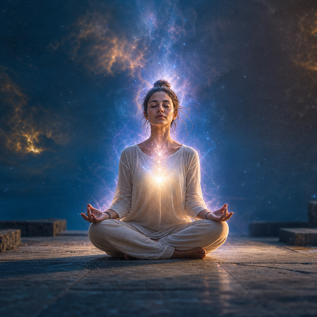 Uma pessoa meditando em silêncio, com aura cósmica suave e luz interior representando a consciência.