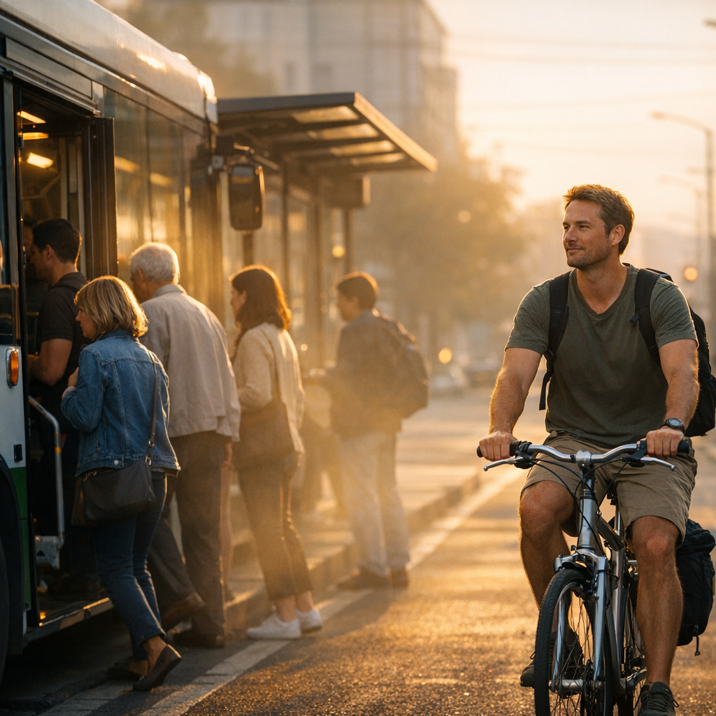 Uma pessoa andando de bicicleta ao lado de um ponto de ônibus com outras pessoas embarcando, mostrando a comparação entre escolhas de transporte sem julgamento.