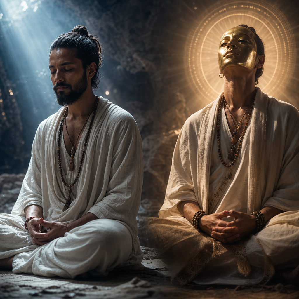 Uma pessoa meditando com uma máscara dourada simbólica ao lado, representando o ego se disfarçando de espiritualidade.