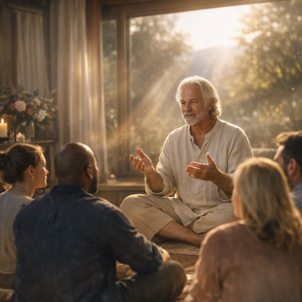 Um grupo de pessoas escuta uma explicação serena sobre níveis de evolução da consciência em um ambiente luminoso e acolhedor.