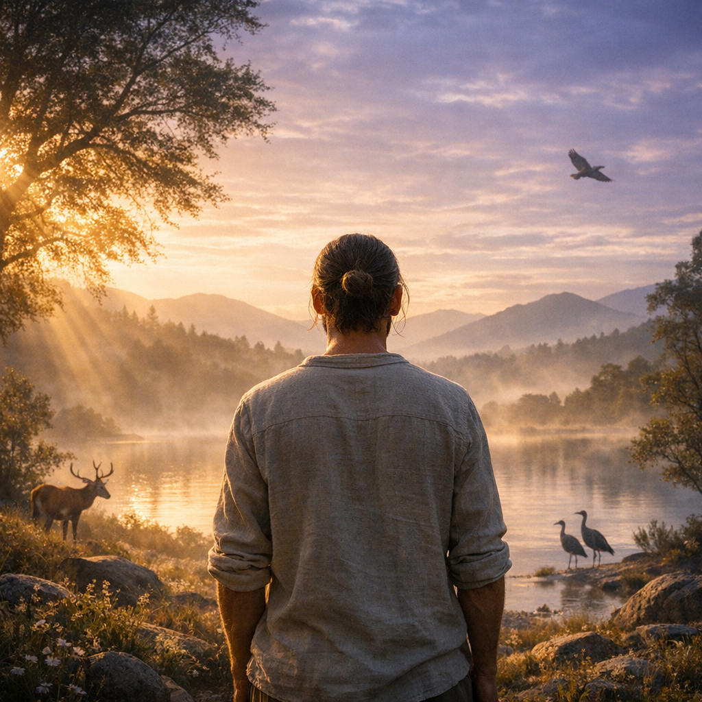 Uma pessoa em paz na natureza, sentindo-se parte de tudo ao redor, em uma cena que representa a consciência do Todo.