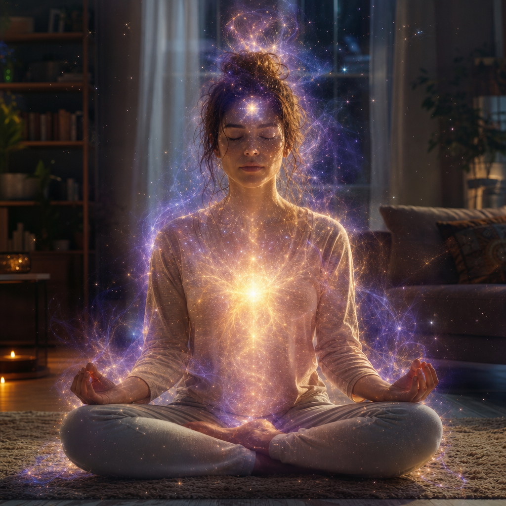 Pessoa sentada meditando em um ambiente tranquilo, com aura cósmica luminosa visível ao redor do corpo.