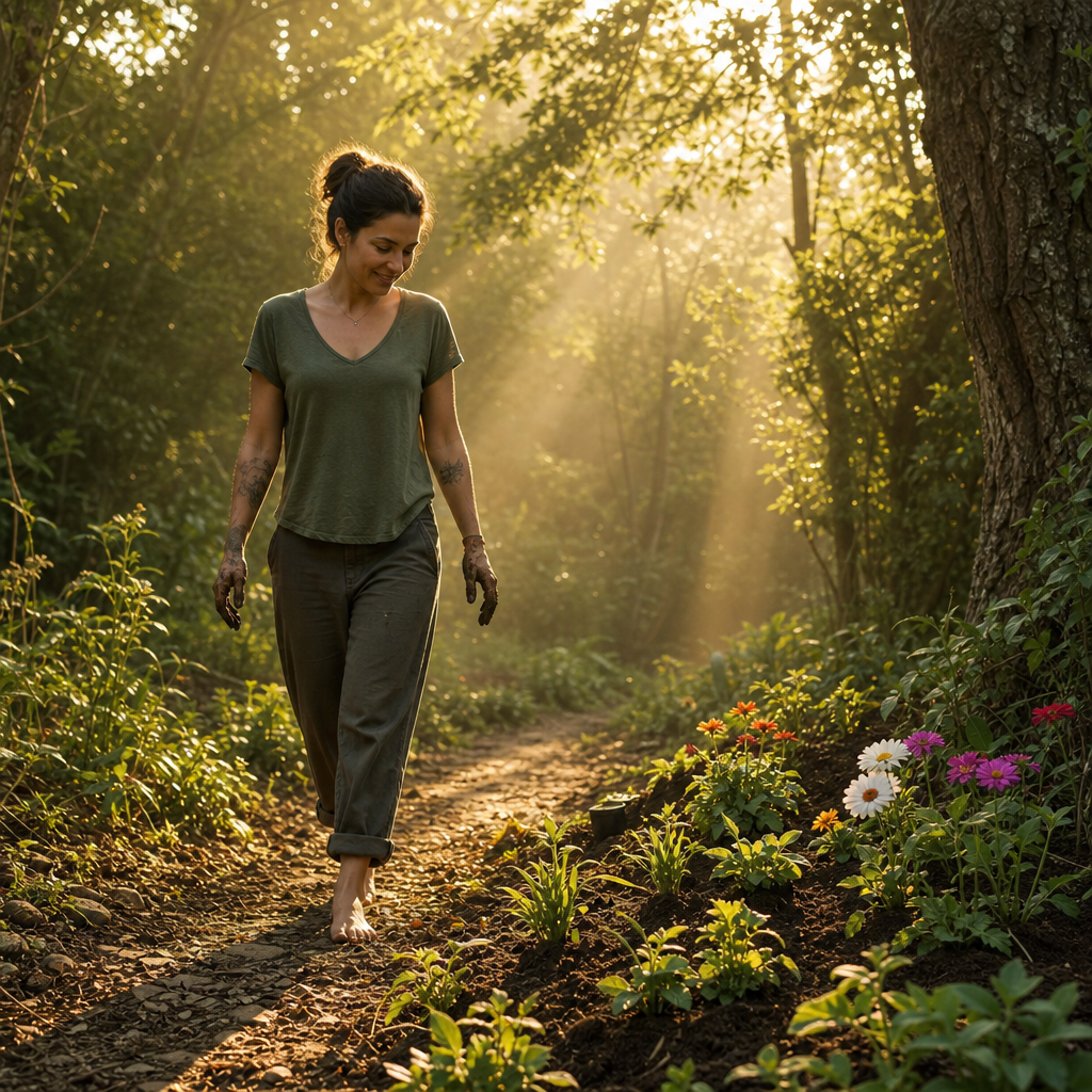 Uma pessoa caminhando na natureza ao lado de um pequeno canteiro de flores que acabou de plantar, com terra nas mãos e luz do sol entre as árvores.