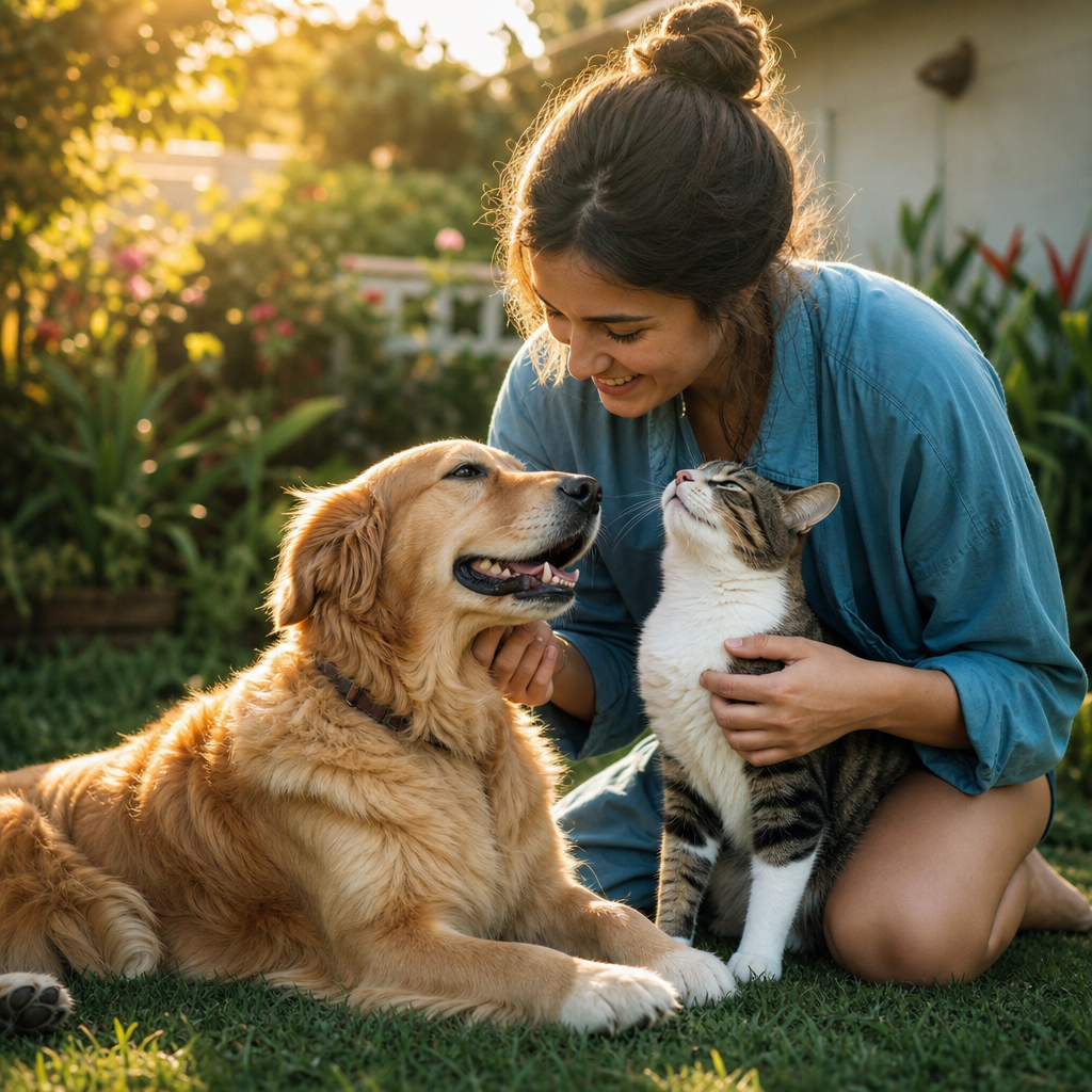 Uma pessoa brincando com um cachorro e um gato em um jardim iluminado, transmitindo afeto, alegria e amor incondicional.