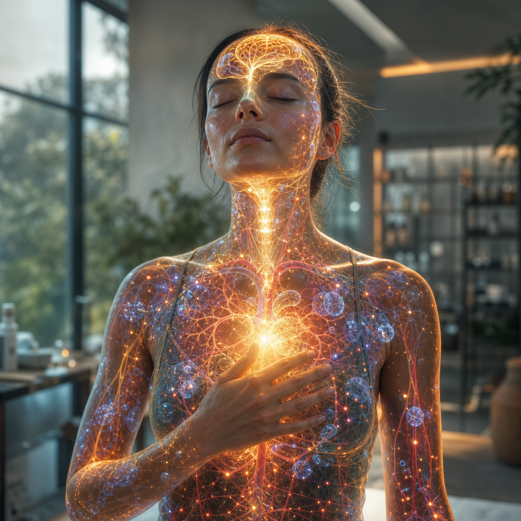 Pessoa em pé com uma aura luminosa no corpo, mostrando luz fluindo pelo cérebro, sangue e células em resposta aos pensamentos e sentimentos.