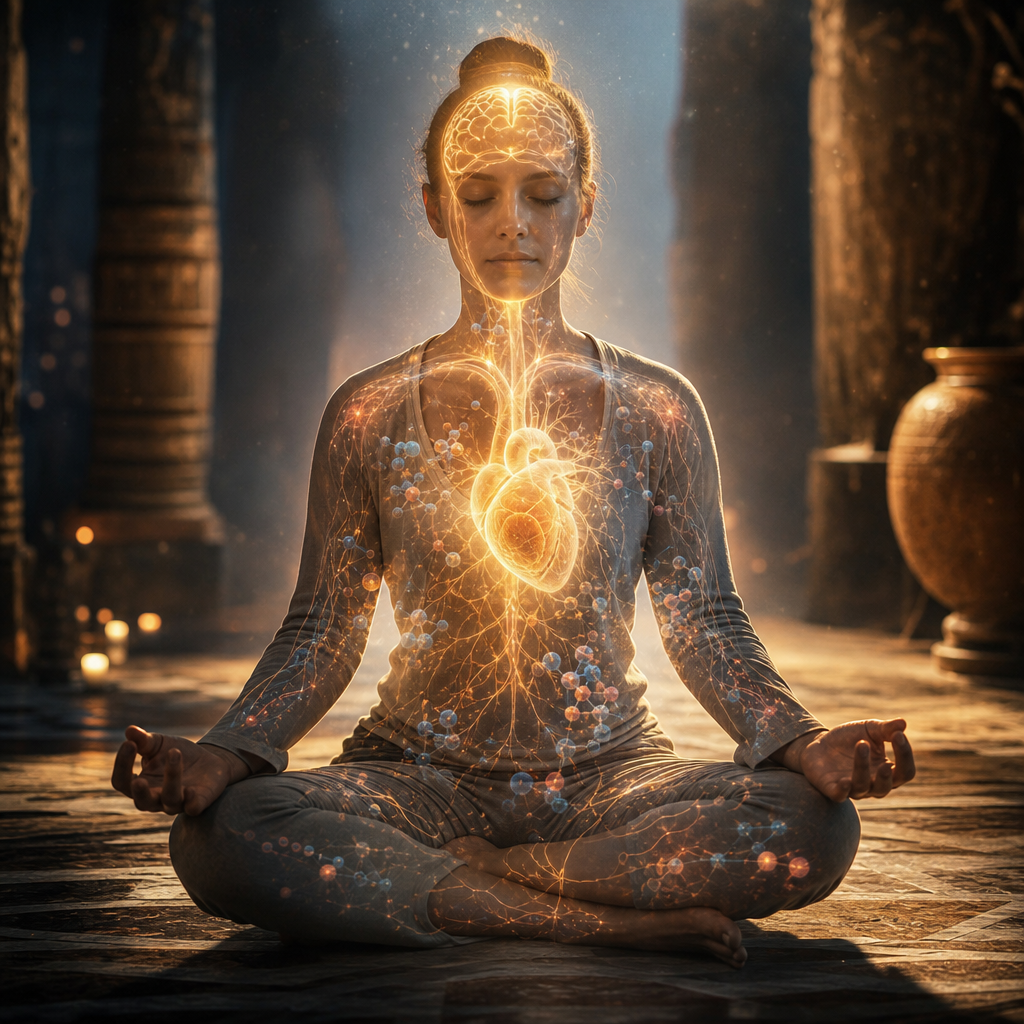 Uma pessoa meditando com luz suave saindo da mente e do coração, mostrando visualmente a consciência influenciando a bioquímica do corpo.