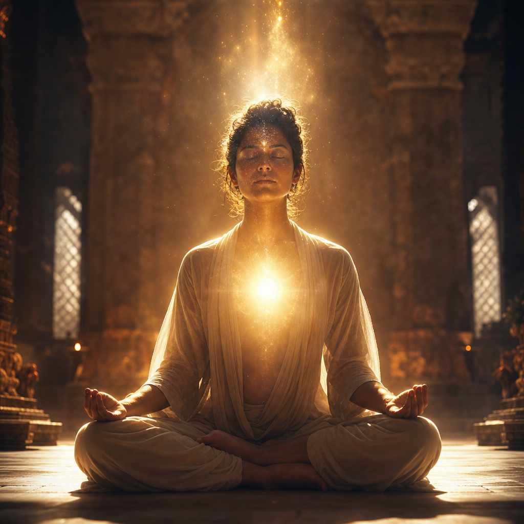 Uma pessoa em meditação com uma luz cósmica brilhando por dentro, representando o ser essencial eterno e ilimitado.