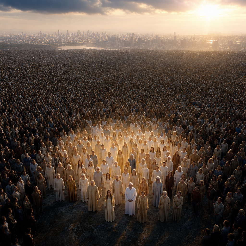 Uma grande multidão em um cenário terrestre com um pequeno grupo luminoso à frente, representando visualmente que o despertar espiritual ainda é uma minoria entre bilhões de pessoas.