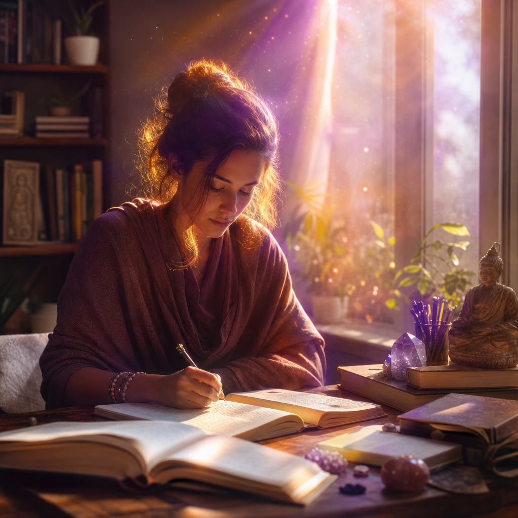 Uma pessoa em ambiente tranquilo estuda espiritualidade enquanto uma luz dourada e violeta a envolve, simbolizando transformação interior.