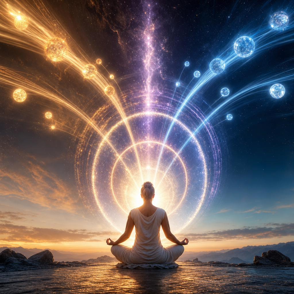 Uma pessoa em postura meditativa diante de um portal de luz que separa feixes luminosos em orbes brilhantes, representando o filtro vibracional.