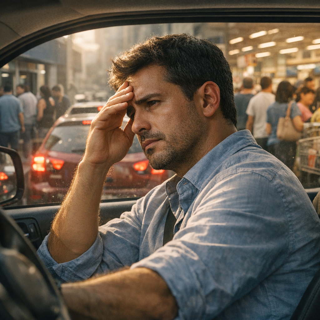 Pessoa presa no trânsito, com fila de supermercado e banco ao fundo, representando situações estressantes do cotidiano.