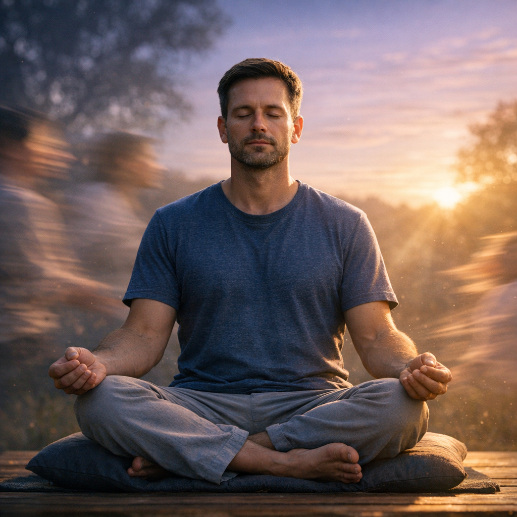 Pessoa meditando em silêncio, com as distrações se dissipando, mostrando como a meditação ajuda a reduzir o estresse.
