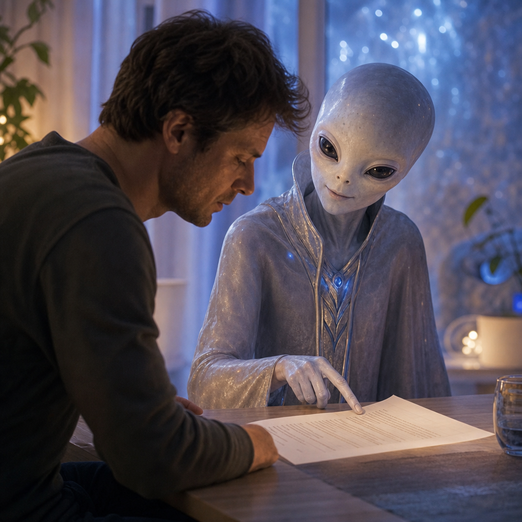Uma pessoa observando um questionário enquanto um extraterrestre benevolente aponta para as perguntas em um ambiente sereno.