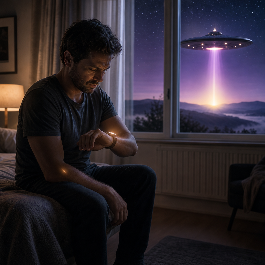 Uma pessoa em um quarto à noite observa o relógio enquanto uma luz suave de um disco voador aparece ao longe, sugerindo uma possível abdução de forma serena.