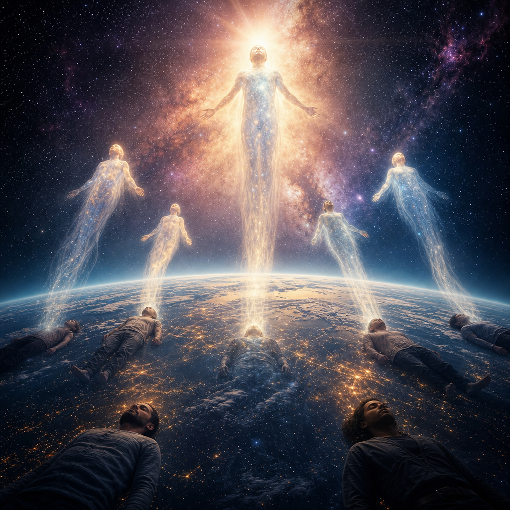 Consciências humanas ascensionadas surgindo como formas etéreas luminosas acima da Terra, com aura cósmica e sensação de evolução espiritual.