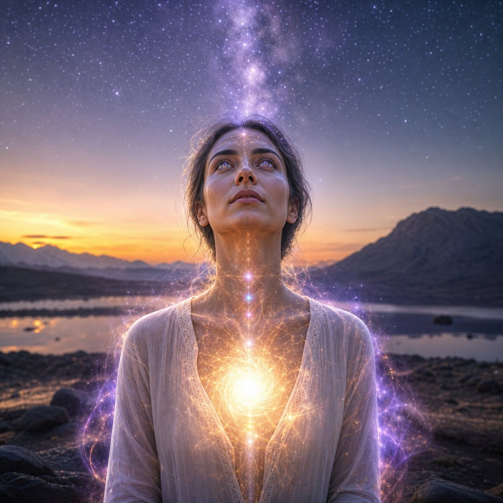 Pessoa humana serena com aura cósmica visível, núcleo estelar brilhando por dentro, olhos refletindo estrelas e conexão luminosa com o céu estrelado.