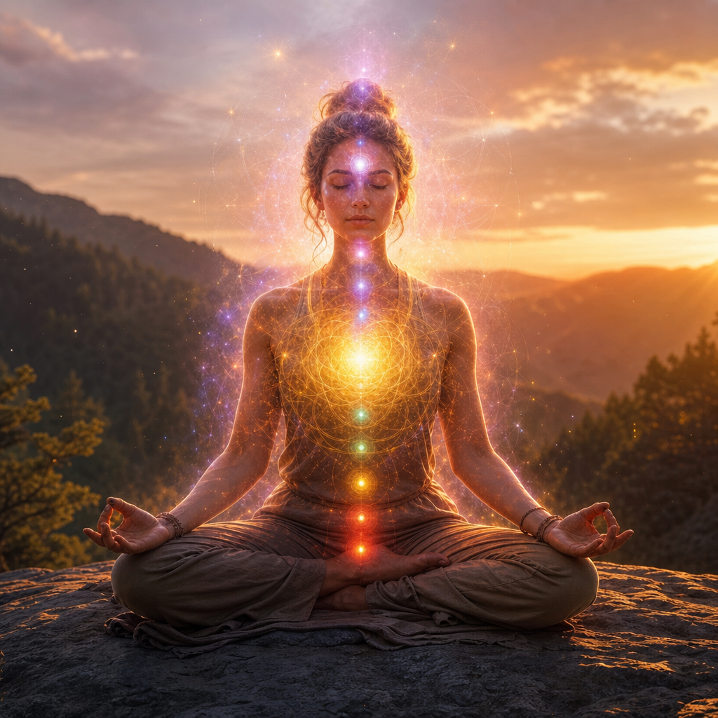 Uma pessoa meditando com aura cósmica visível e luz irradiando do corpo, representando a elevação da frequência e da evolução pela energia do amor.