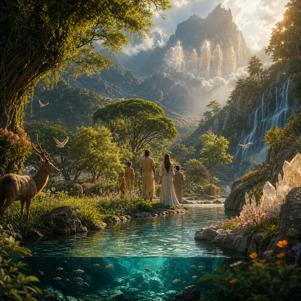 Uma paisagem que mostra os reinos animal, vegetal, dévico, mineral, aquático e humano como manifestações distintas e interligadas em harmonia.
