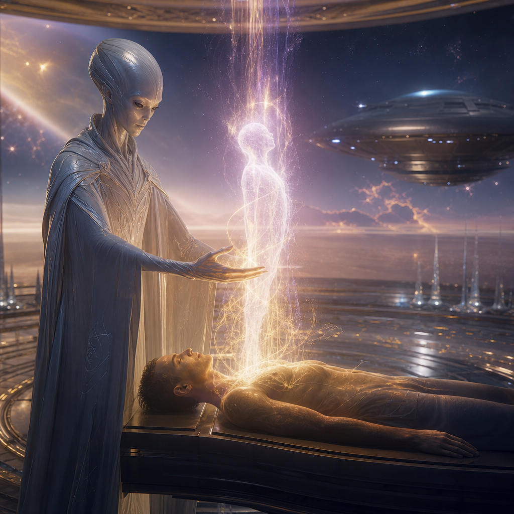 Um ser extraterrestre sereno orienta um processo luminoso de reencarnação, com luz dourada e violeta envolvendo uma alma e um corpo denso em ambiente cósmico pacífico.