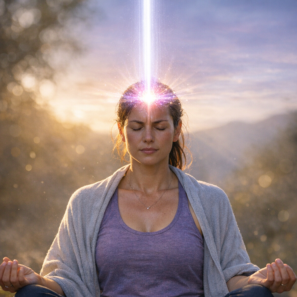 Pessoa em meditação com o chacra coronário ativado e um foco de luz no topo da cabeça, representando dor de cabeça associada à abertura energética.