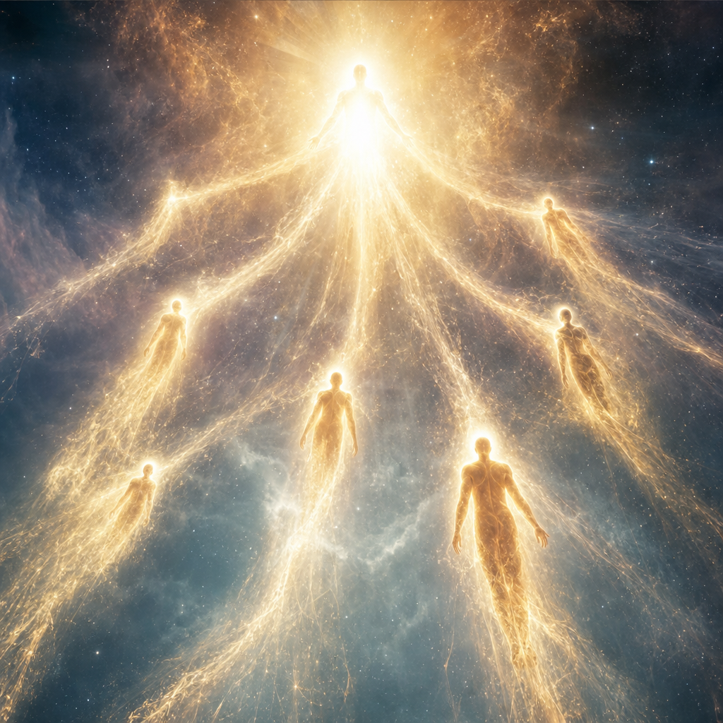 Várias silhuetas humanas luminosas saindo de uma fonte central de luz, representando consciências individualizadas da Fonte Criadora.