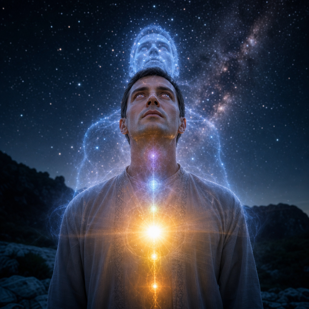 Uma pessoa em pé sob o céu estrelado com aura cósmica visível, luz brilhando por dentro do corpo e reflexos de estrelas nos olhos, simbolizando a consciência divina encarnada.