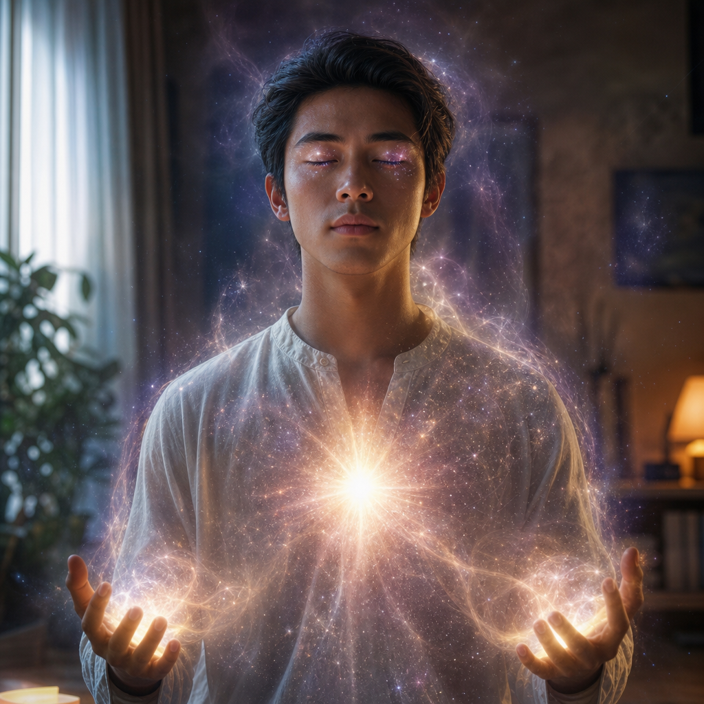 Pessoa meditando em casa com aura cósmica brilhando, núcleo de luz estelar no peito e energia curativa nas mãos.