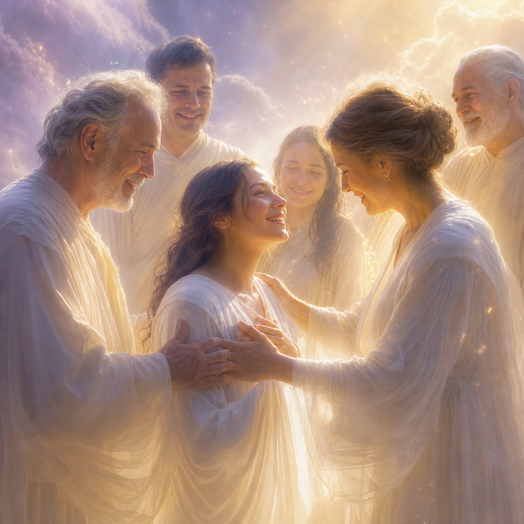 Uma alma é recebida com ternura por familiares e amparadores espirituais em um ambiente celestial luminoso.