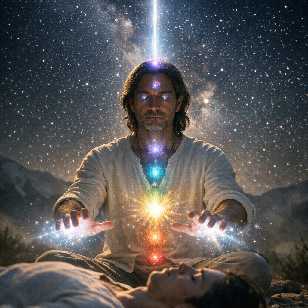 Uma pessoa meditando com aura cósmica e chakras luminosos, irradiando energia curativa e conectada ao céu estrelado.