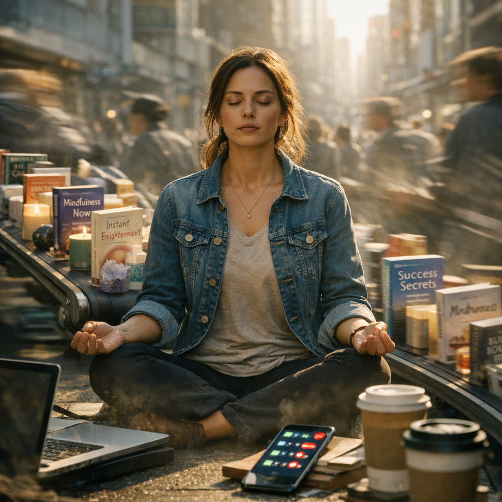 Uma pessoa tentando meditar em meio à pressa da cidade, cercada por sinais de espiritualidade instantânea e superficial, como livros de autoajuda, celular e café para viagem.