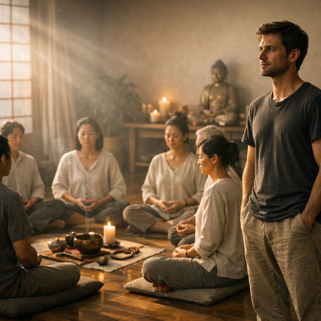 Um grupo de pessoas em uma prática espiritual com posturas muito semelhantes, mostrando conformidade coletiva e uma pessoa se destacando por pensar de forma própria.