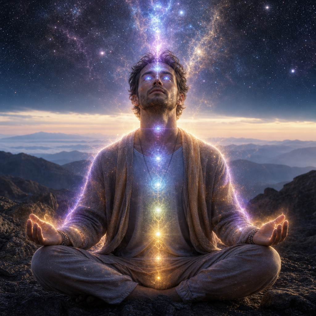 Uma pessoa meditando com aura cósmica visível, olhos estrelados e conexão luminosa com o céu, representando uma consciência extraterrestre encarnada na Terra.
