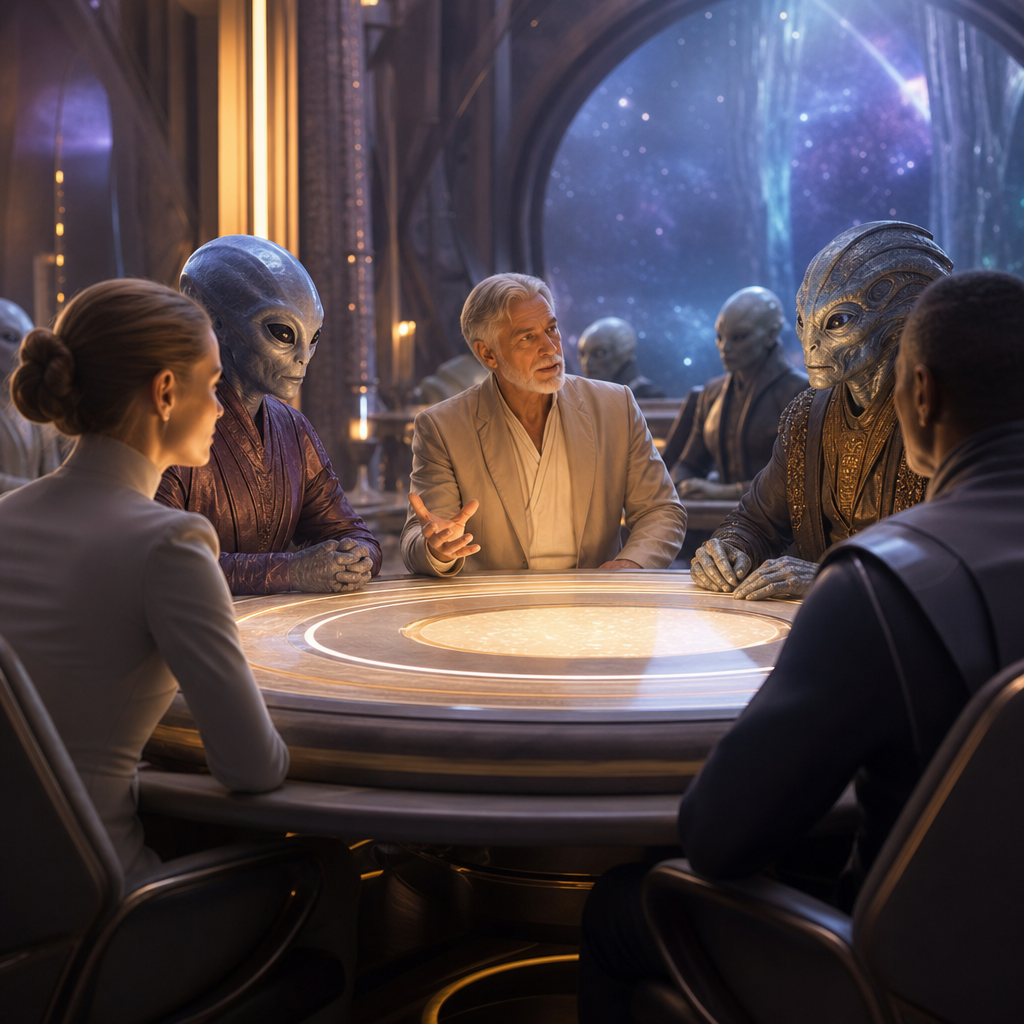 Humanos e extraterrestres benevolentes conversando pacificamente ao redor de uma mesa luminosa, em um clima de consenso e cooperação.