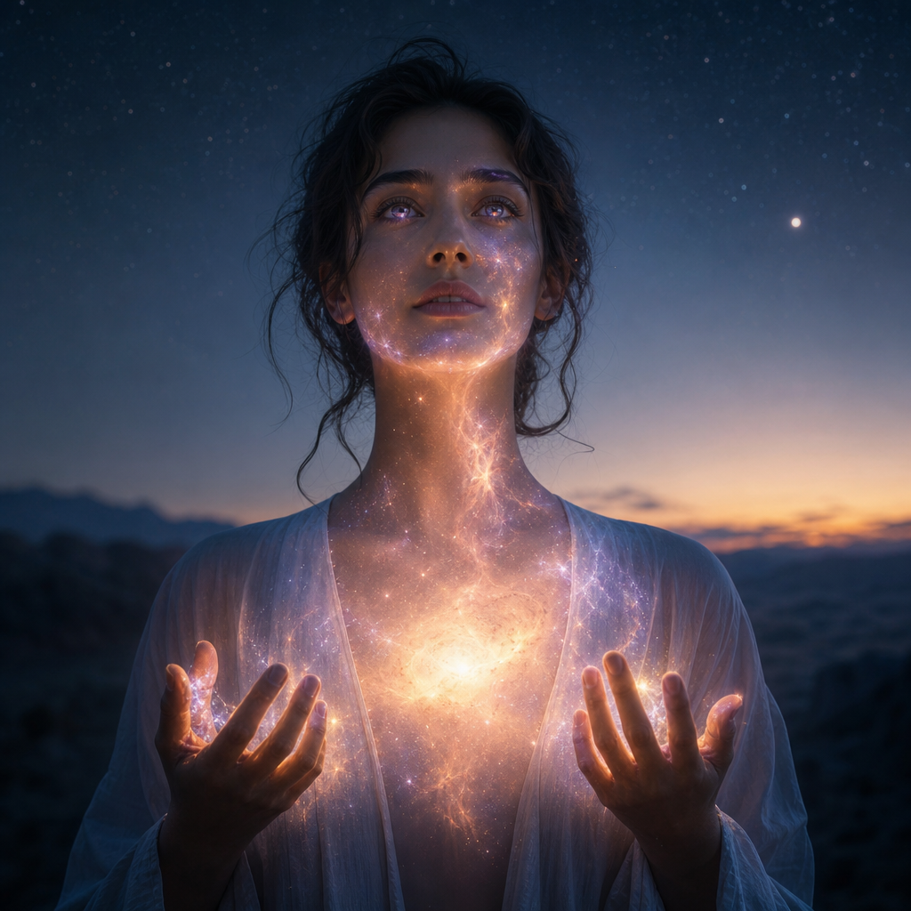 Uma pessoa em pé com aura cósmica suave, luz estrelada no corpo e nas mãos, simbolizando mediunidade e o medo de desenvolver essa percepção.