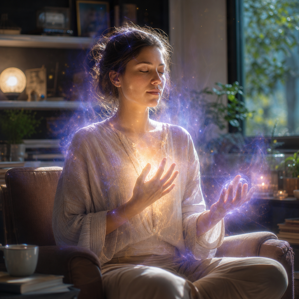 Pessoa em um ambiente cotidiano percebendo energias sutis, com aura luminosa suave e expressão serena de sensibilidade extrafísica.